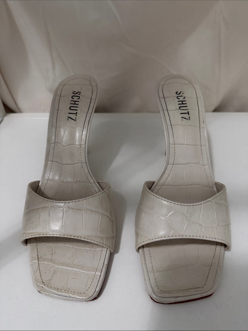 SCHUTZ Ivory Croc-Embossed Slide Mules